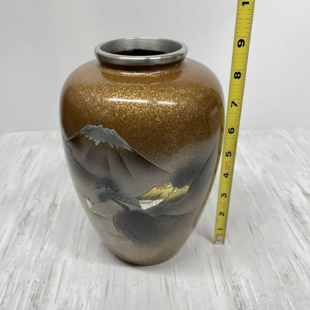 Japanese Chokin Vase Mixed Metal Etched Mount Fuji & Village Enamel Gold 8.5